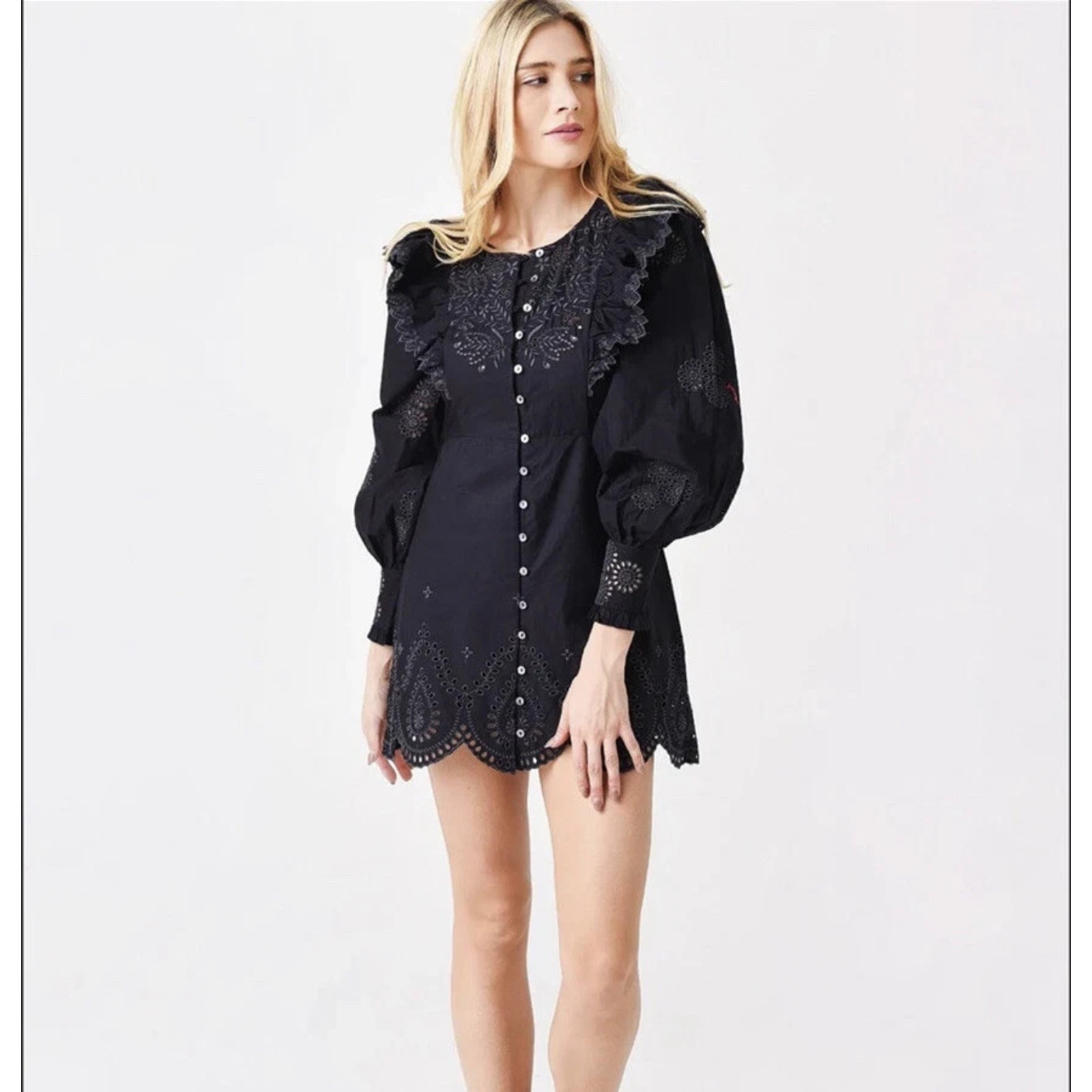 Loveshackfanc Black Embroidered Dress Cotton Long Sleeve Short Size 0